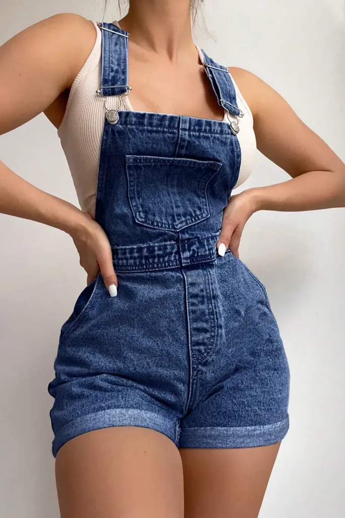 Dark Blue Square Neck Denim Dungaree - Image 1