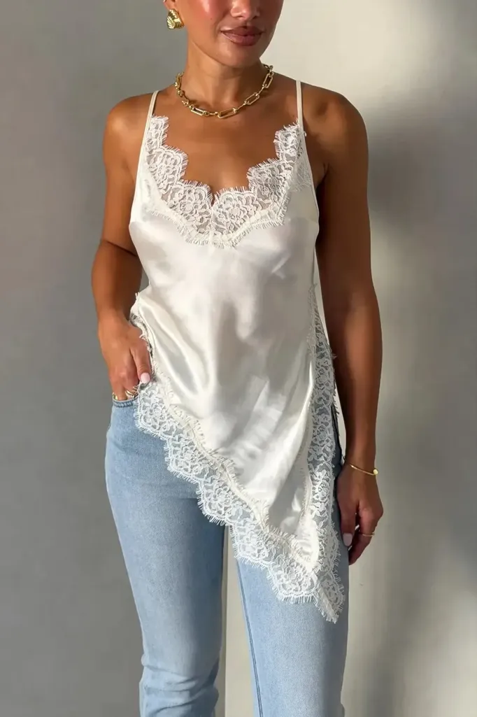 White Solid Lace V-Neck Top - Image 1