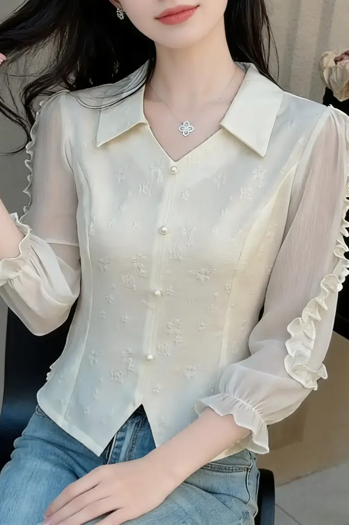 Off White Embroidered Ruffled Shirt - Image 1