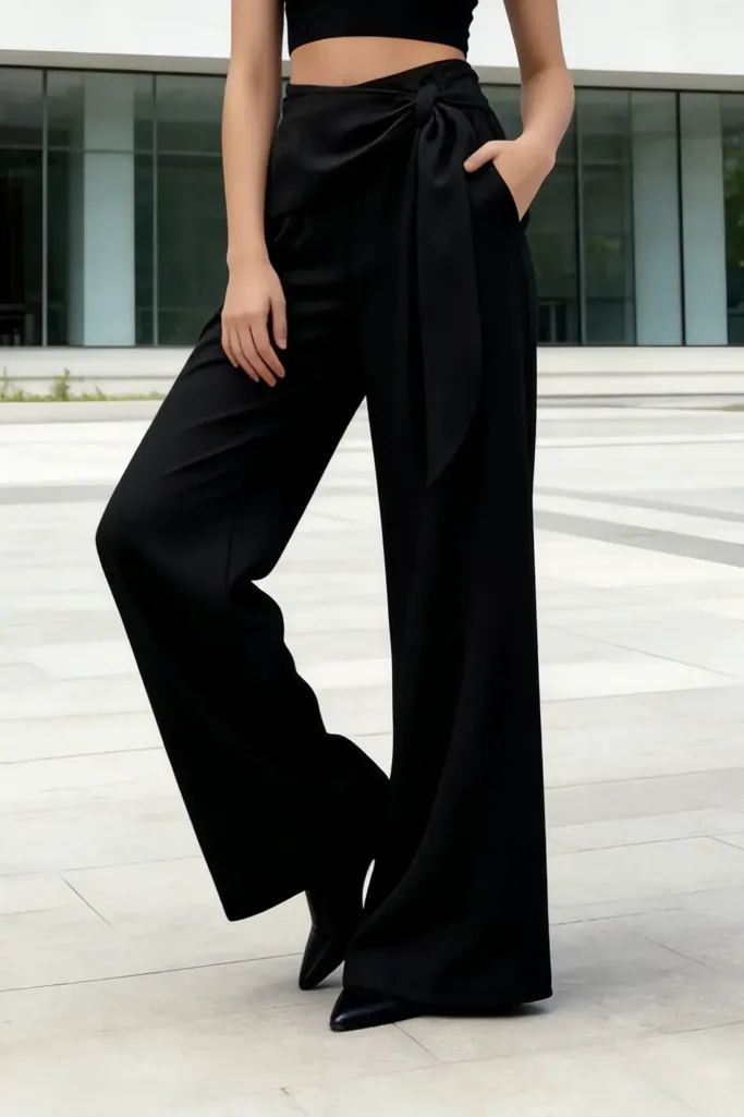 Black Solid High Rise Wrap Pants - Image 1