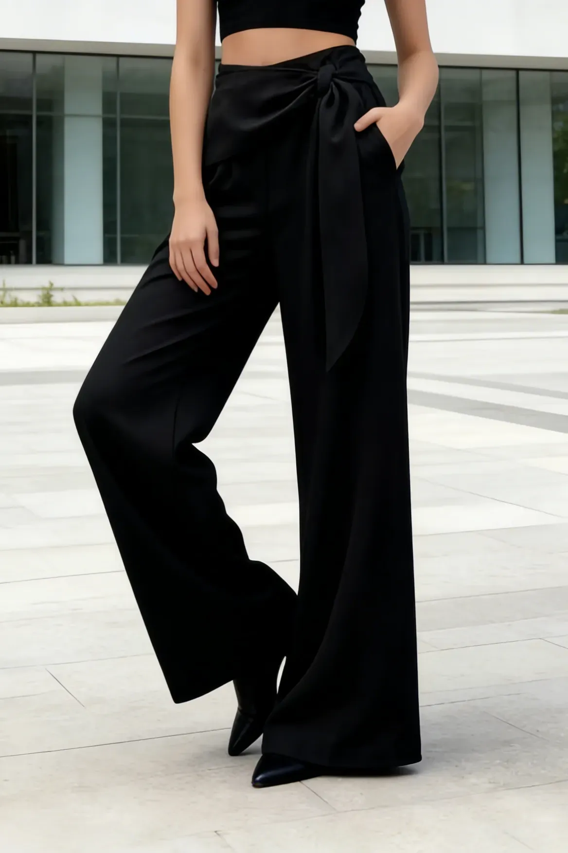 Black Solid High Rise Wrap Pants