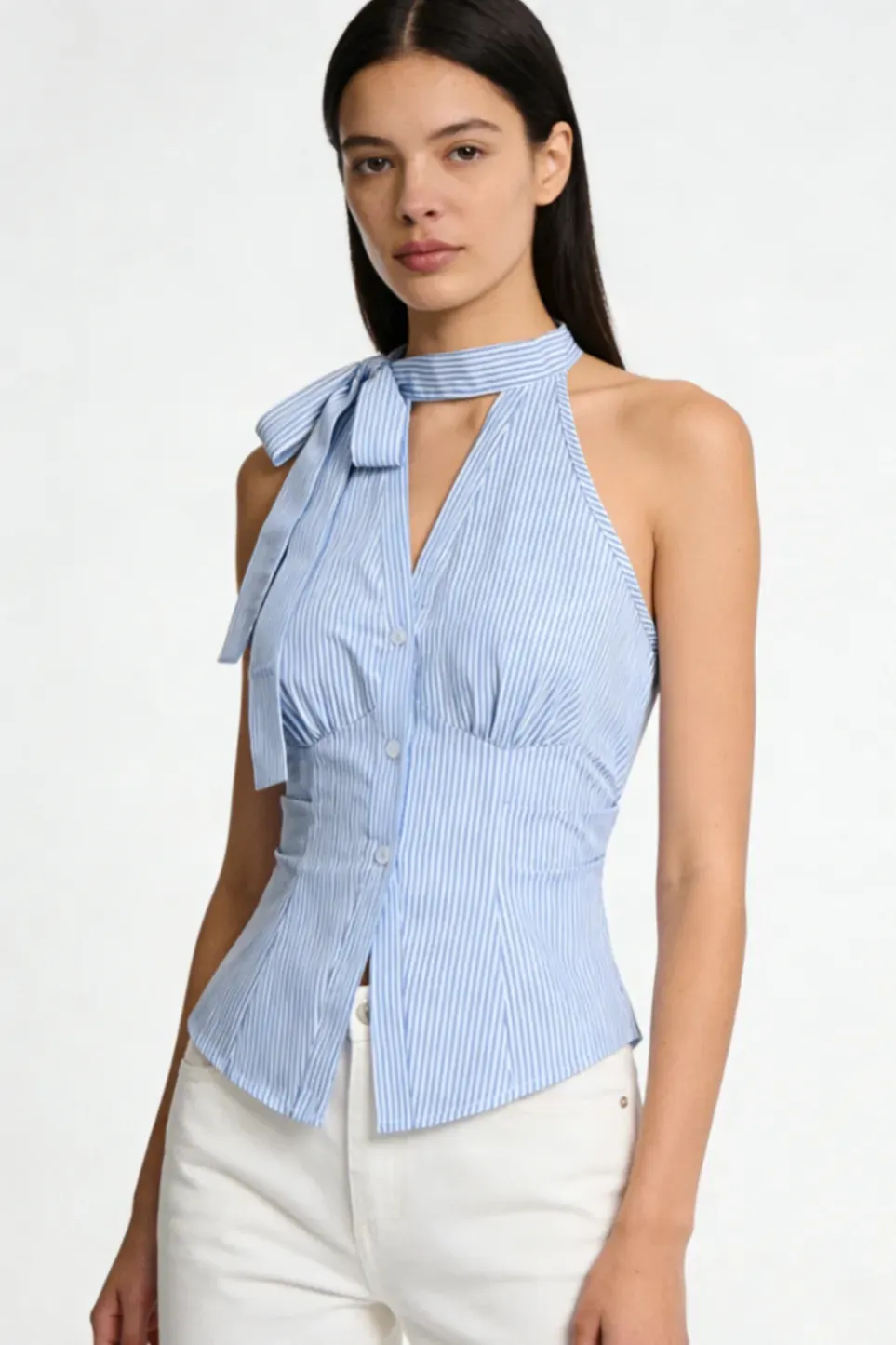 Light Blue Striped Halter Top