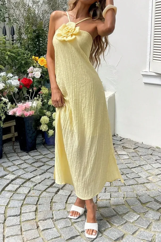 Light Yellow Floral Halter Maxi Dress - Image 1