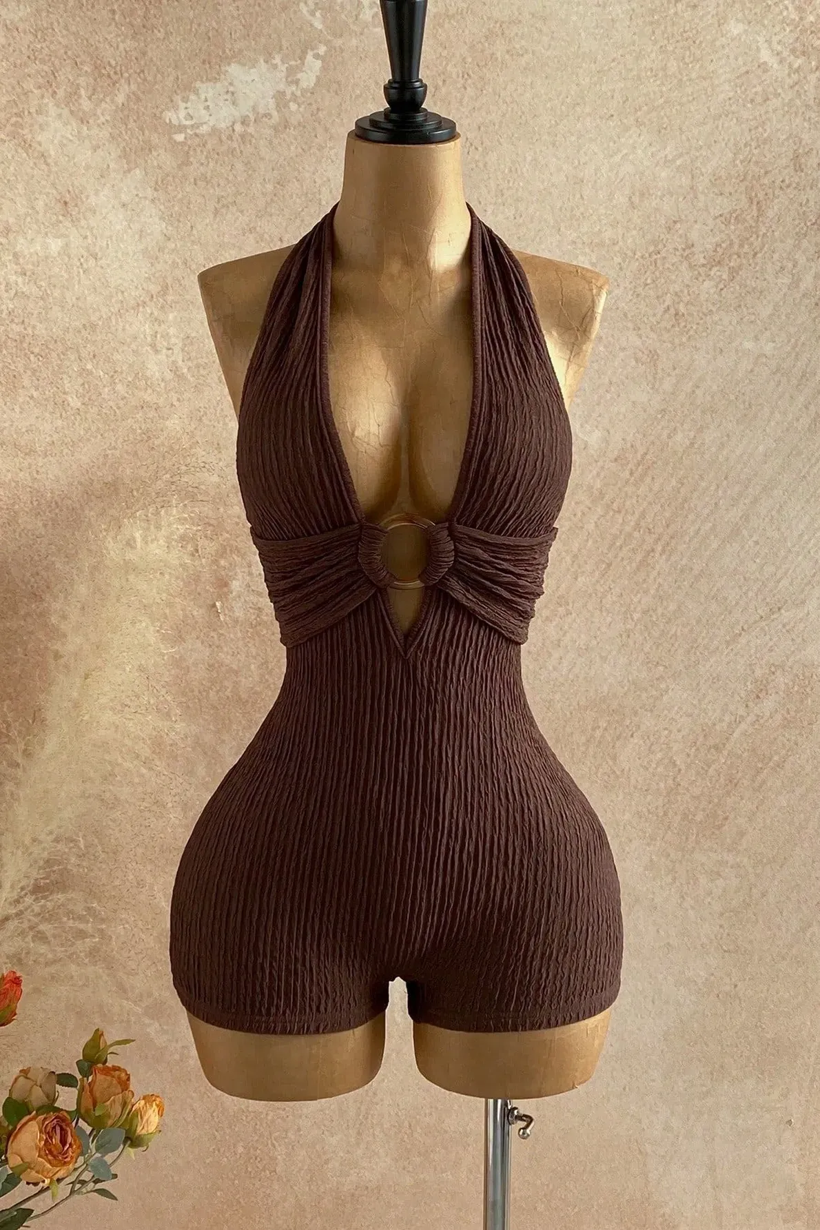 Dark Brown Cut-Out Halter Romper