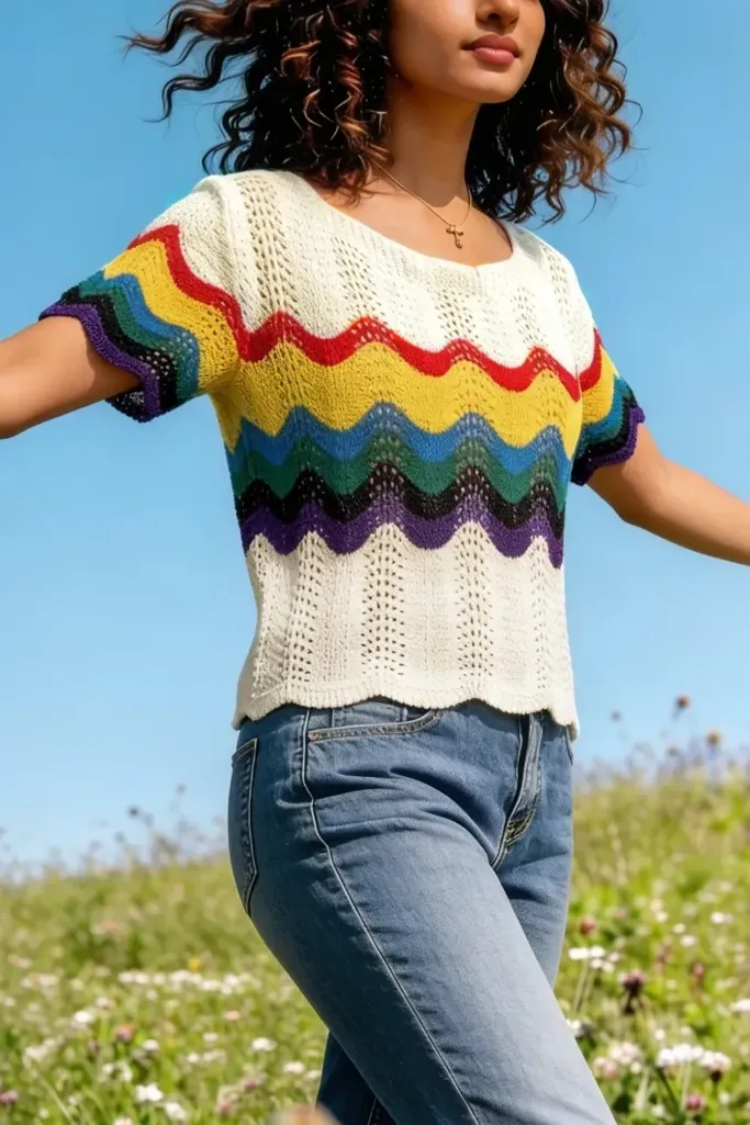 White Striped Crochet Top - Image 1