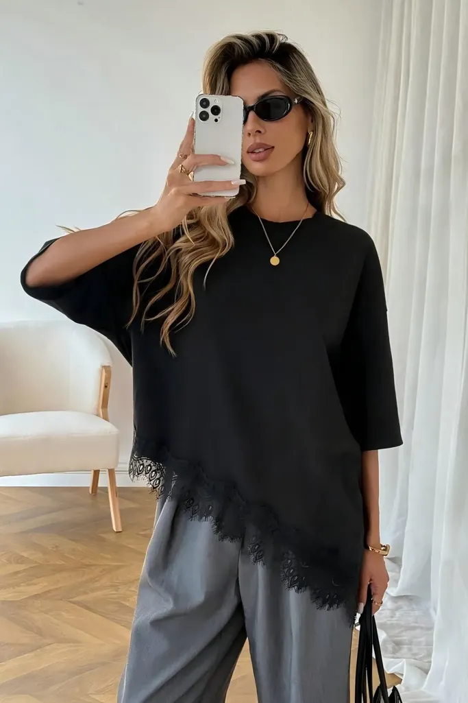 Black Lace Overlay Asymmetric T-Shirt - Image 1