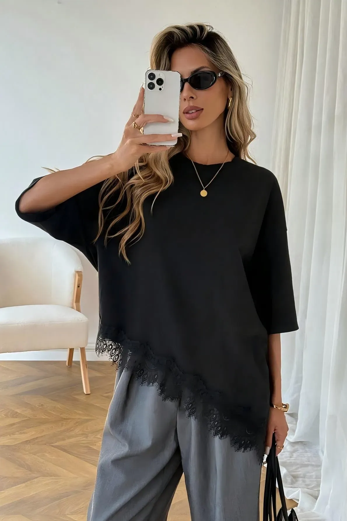 Black Lace Overlay Asymmetric T-Shirt