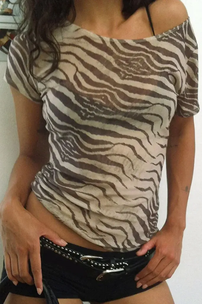 Brown Asymmetric Zebra Printed T-Shirt - Image 1