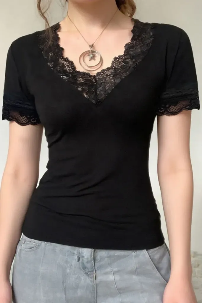 Black Lace Overlay V-Neck T-Shirt - Image 1