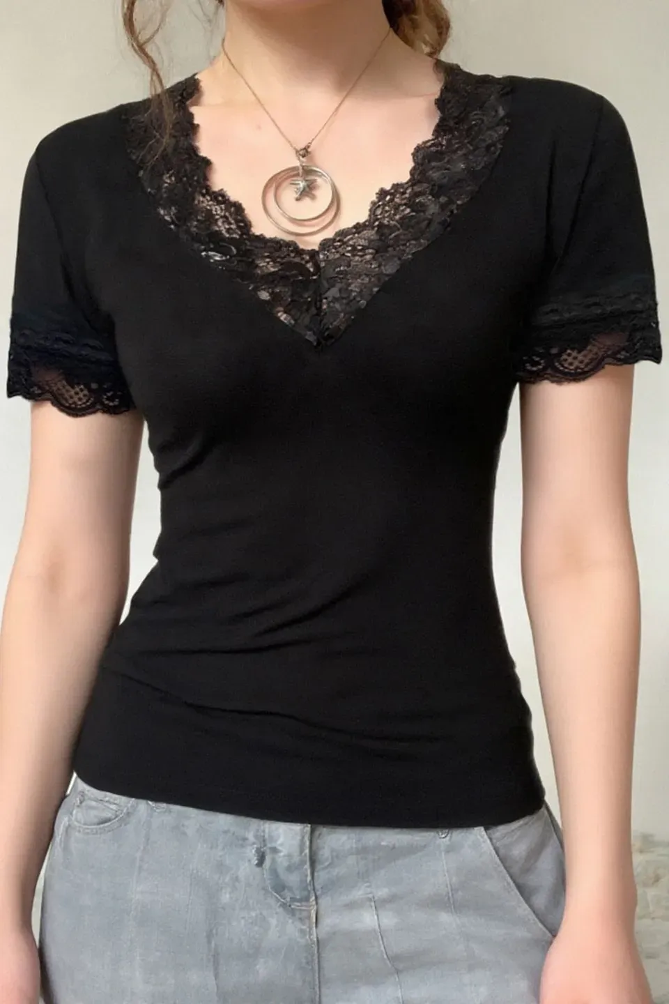 Black Lace Overlay V-Neck T-Shirt