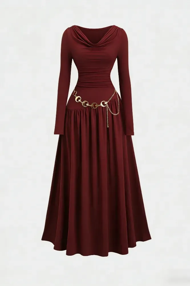 Wine Solid Cowl Neck Maxi Dress - Image 1