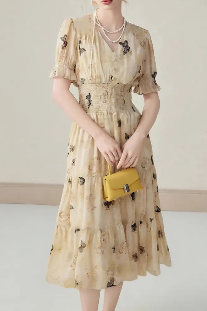 Beige Butterfly Print Tiered Midi Dress - Image 1