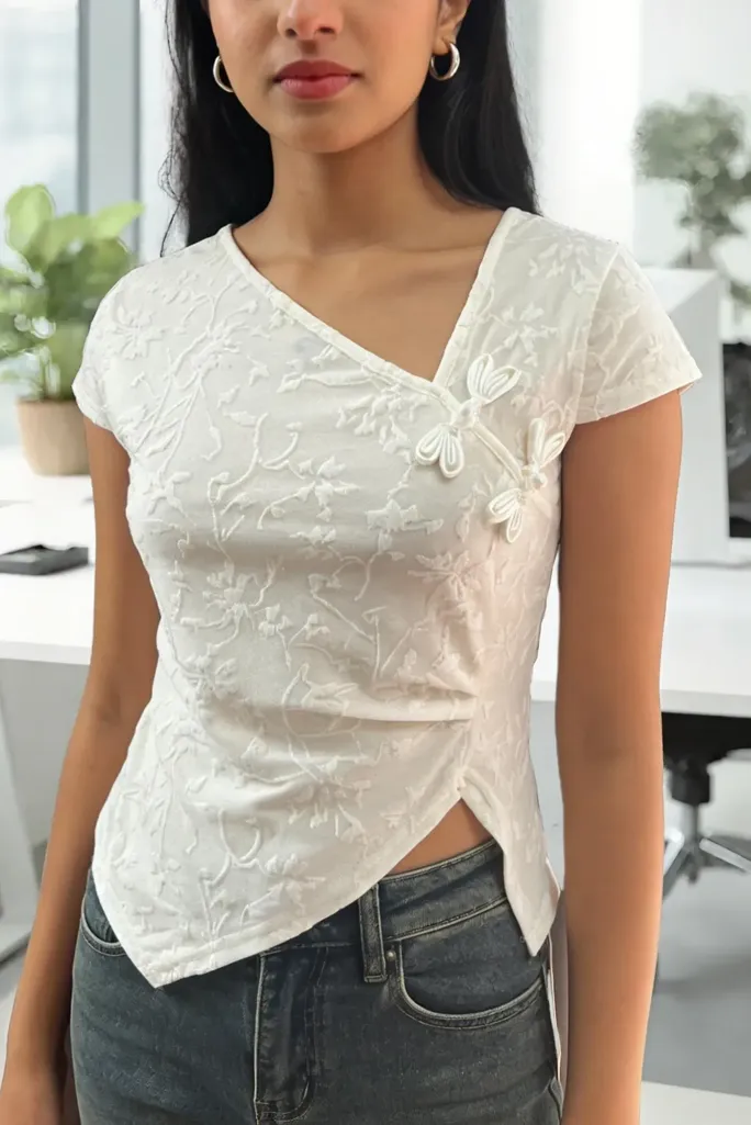 White Embroidered V-Neck Top - Image 1