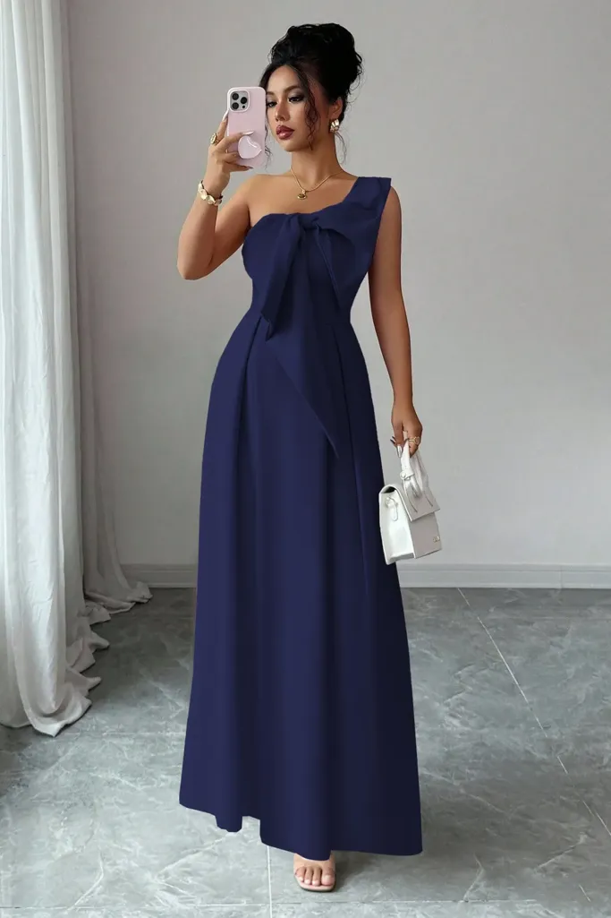 Navy One Shoulder Maxi Dress - Image 1