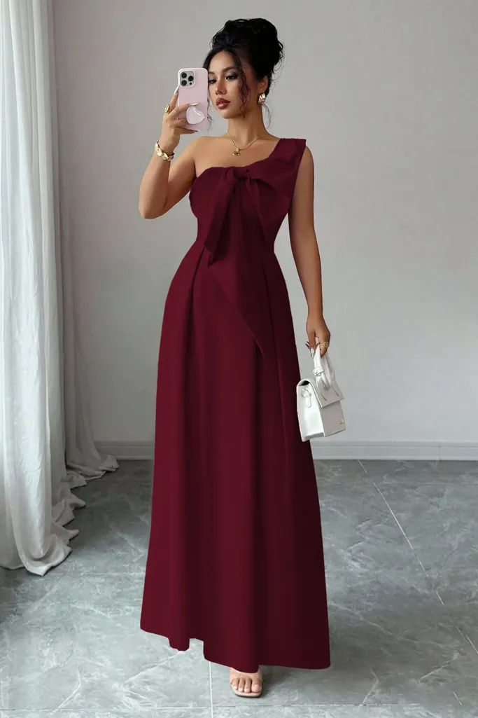 Wine One Shoulder Maxi Dress - Image 1