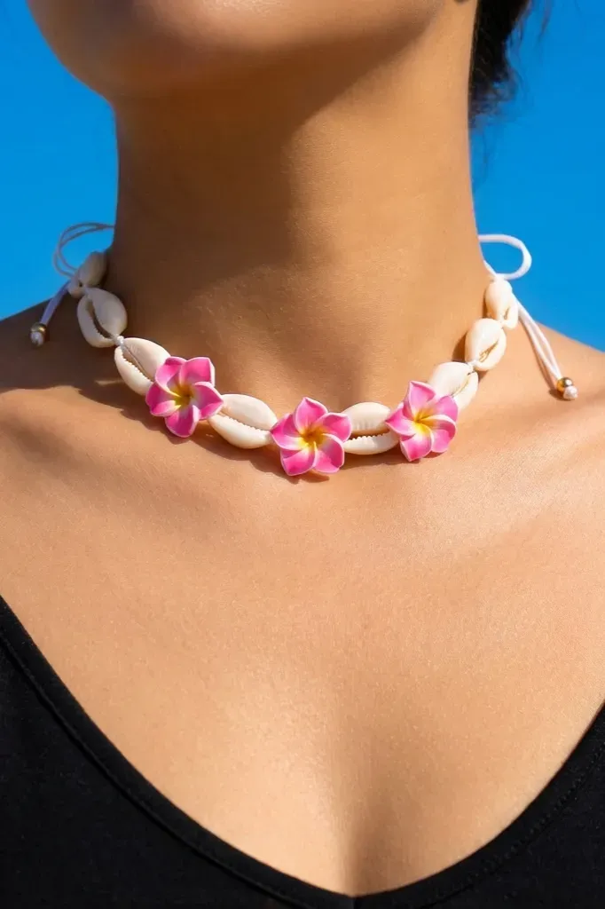 Pink Floral Shell Choker Necklace - Image 1