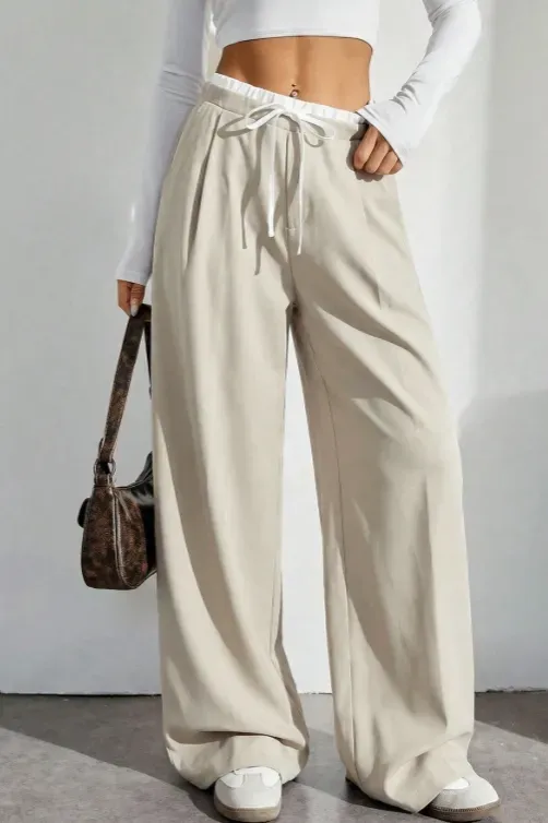 Beige Solid High Rise Trousers - Image 1