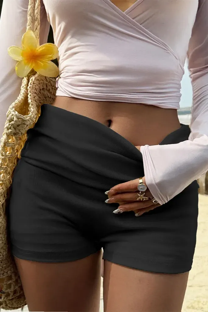 Black Solid Mid Rise Shorts - Image 1