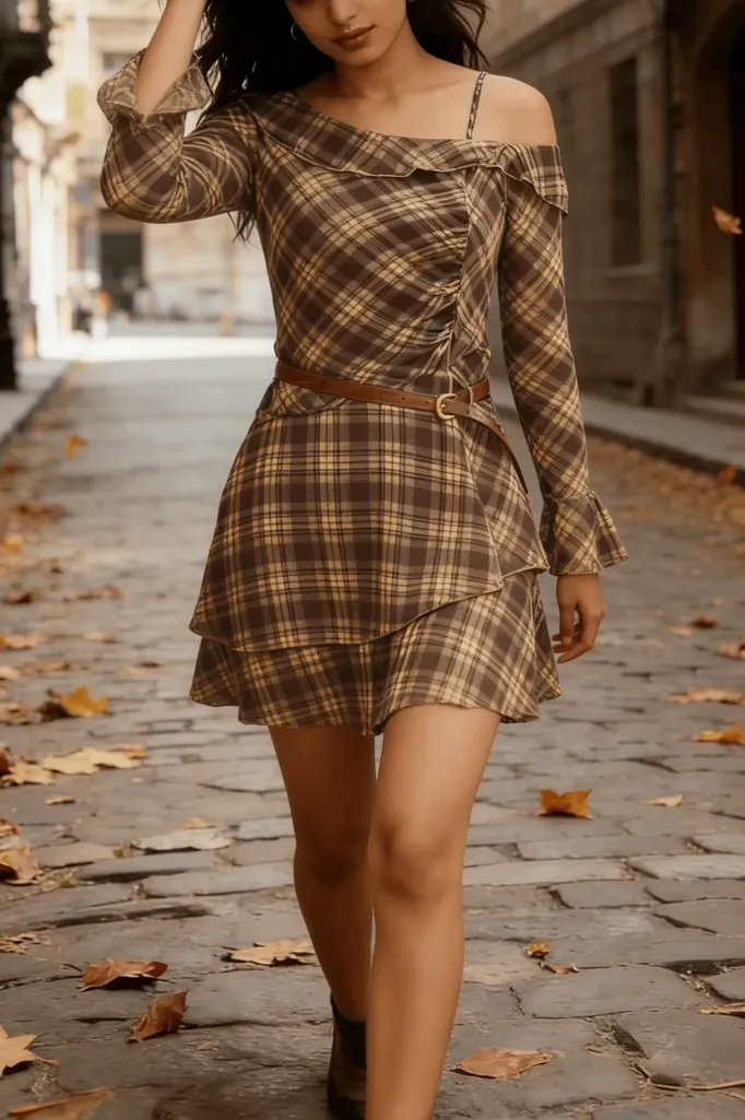 Brown Plaid Off Shoulder Mini Dress With Belt - Image 1