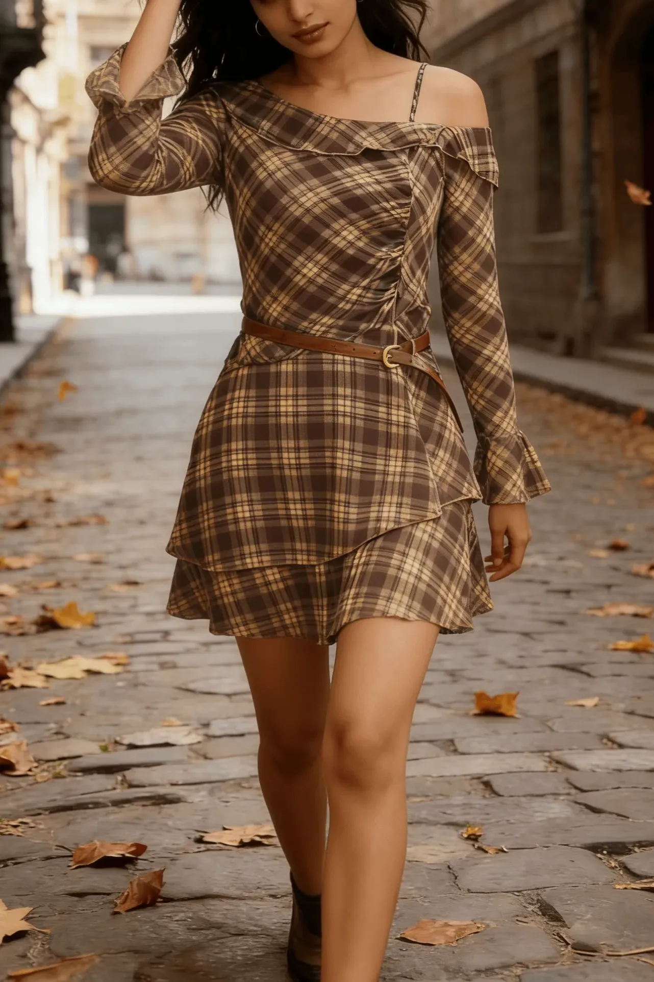 Brown Plaid Off Shoulder Mini Dress With Belt