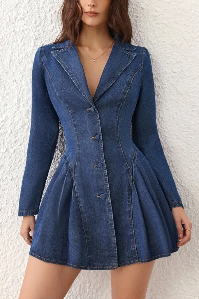 Dark Blue Buttoned Denim Mini Dress - Image 1