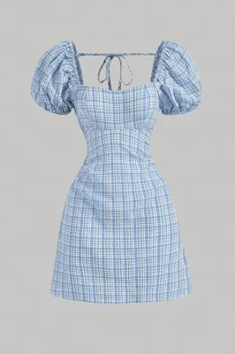 Light Blue Plaid Puff Sleeves Mini Dress - NEWME
