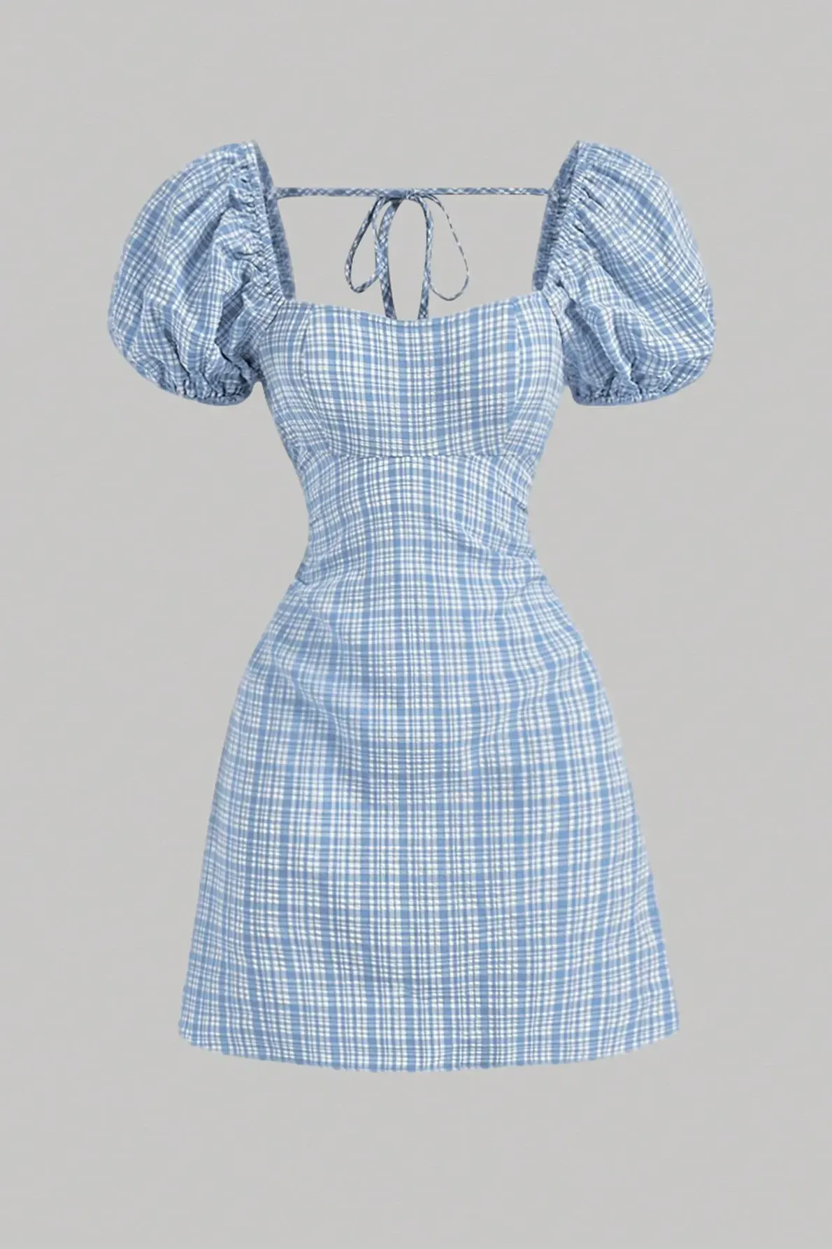 Light Blue Plaid Puff Sleeves Mini Dress - NEWME