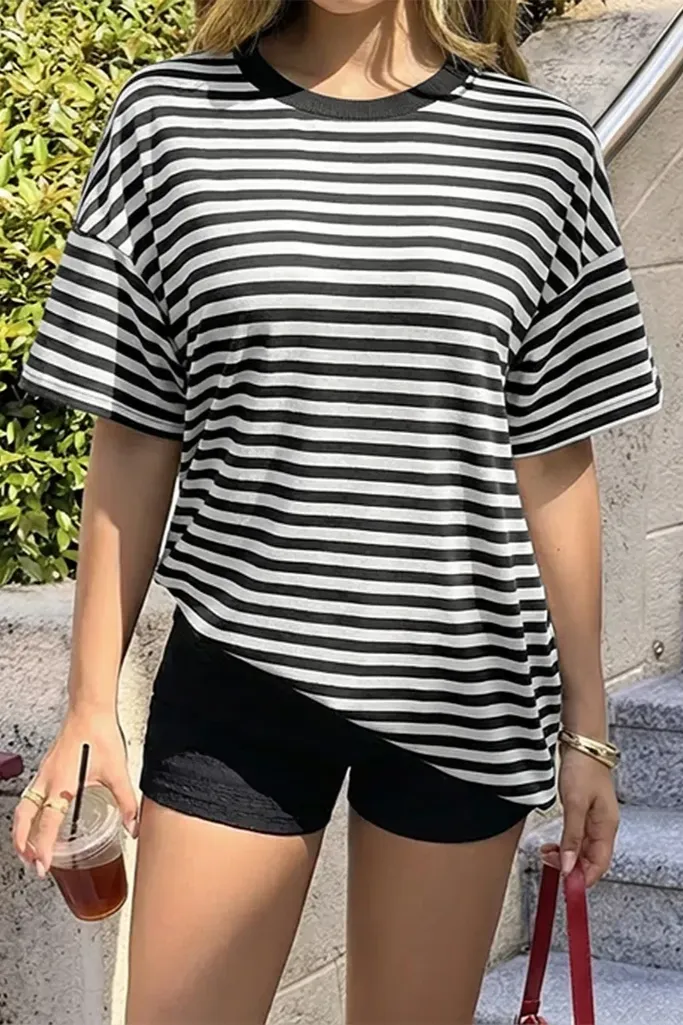 Black Striped Crew Neck T-Shirt - Image 1