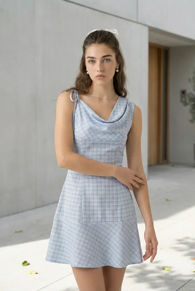 Blue Checkered Cowl Neck Mini Dress - NEWME