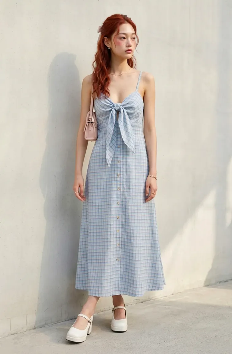 Blue Check Button Down Midi Dress - Image 1