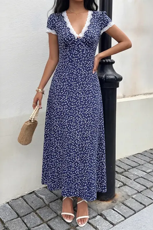 Navy Blue Ditsy Lace Maxi Dress