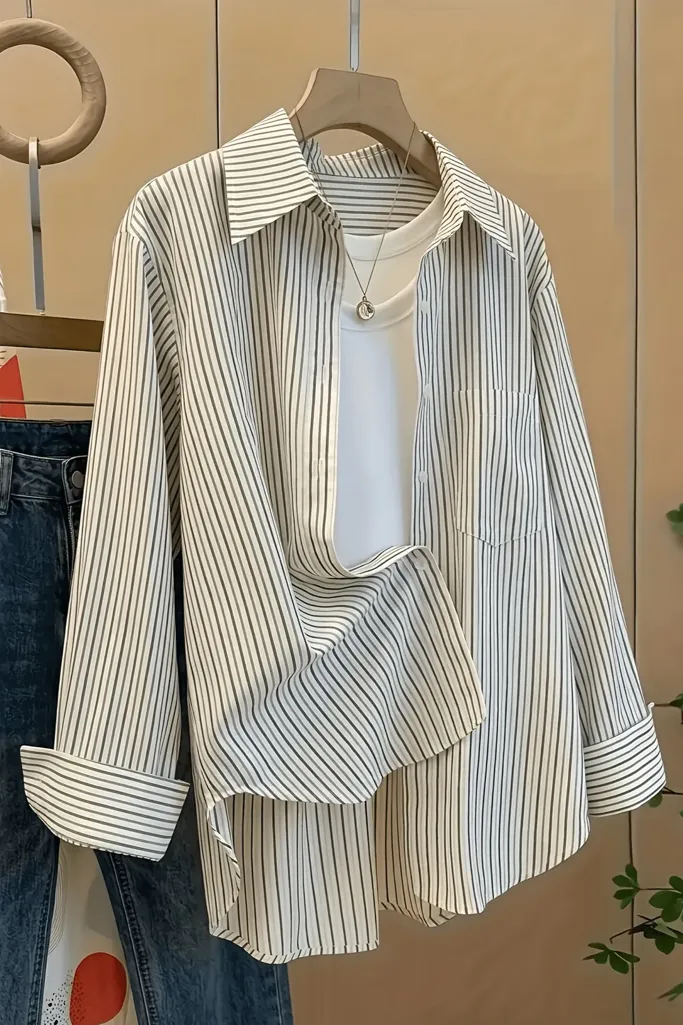 White Striped Button-Up Shirt - Image 1