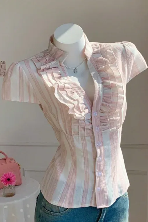 Light Pink Striped Ruffle Top - Image 1