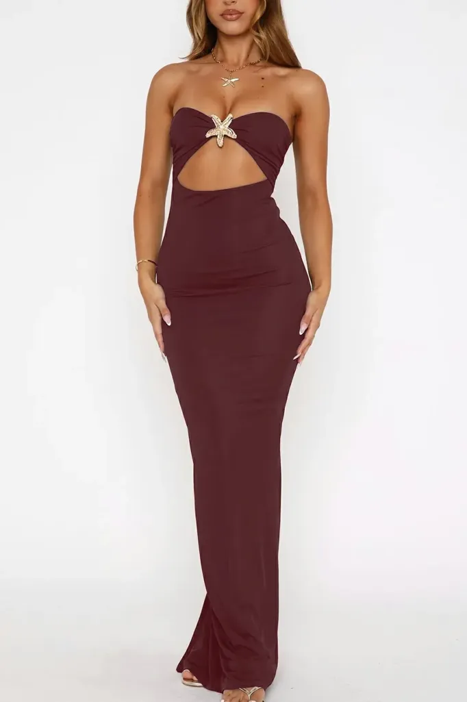 Burgundy Tube Mermaid Maxi Dress - Image 1