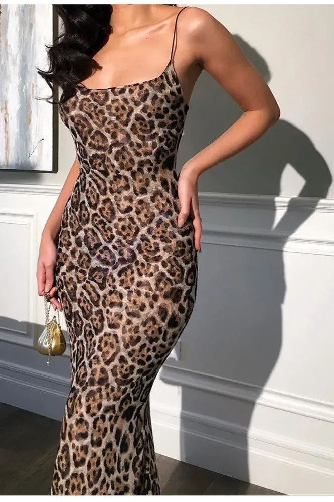 Brown Leopard Print Bodycon Maxi Dress - Image 1