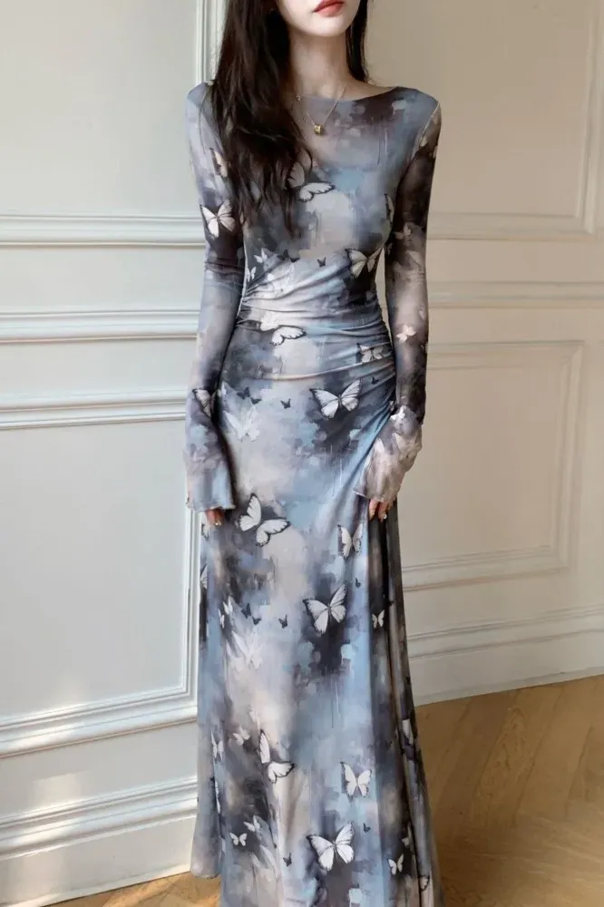 Blue Butterfly Print Maxi Dress - Image 1