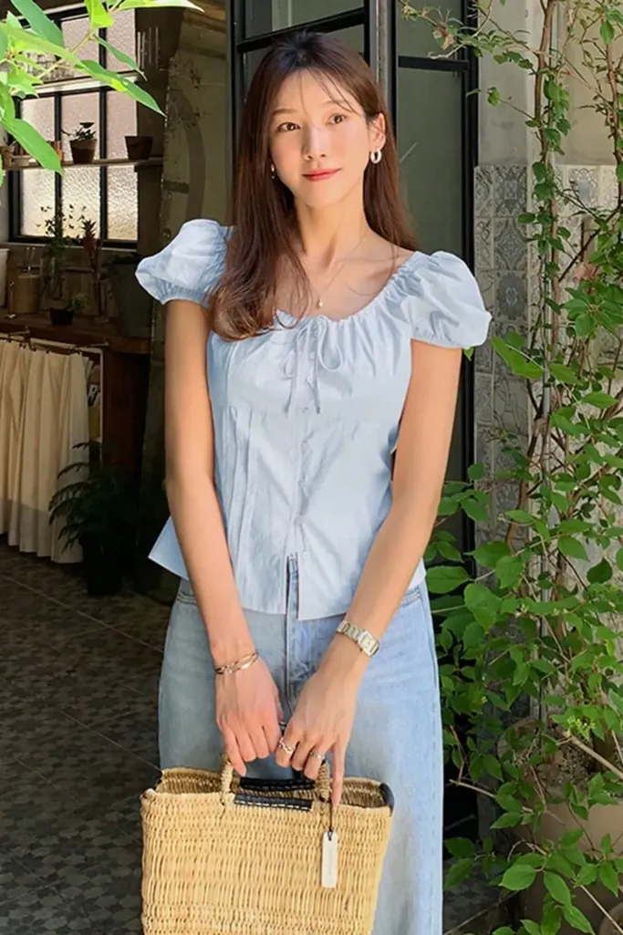 Light Blue Solid Buttoned Top - Image 1