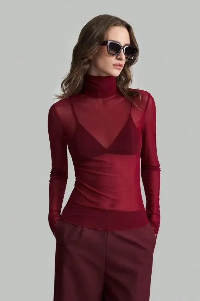 Red Solid High Neck Sheer Top - Image 1