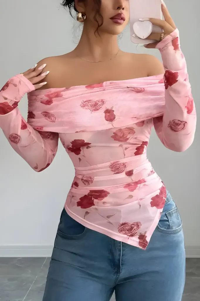 Light Pink Floral Asymmetric Top - Image 1