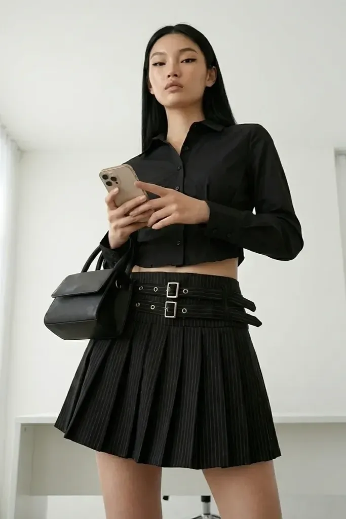 Black Pinstripe Pleated Mini Skirt - Image 1