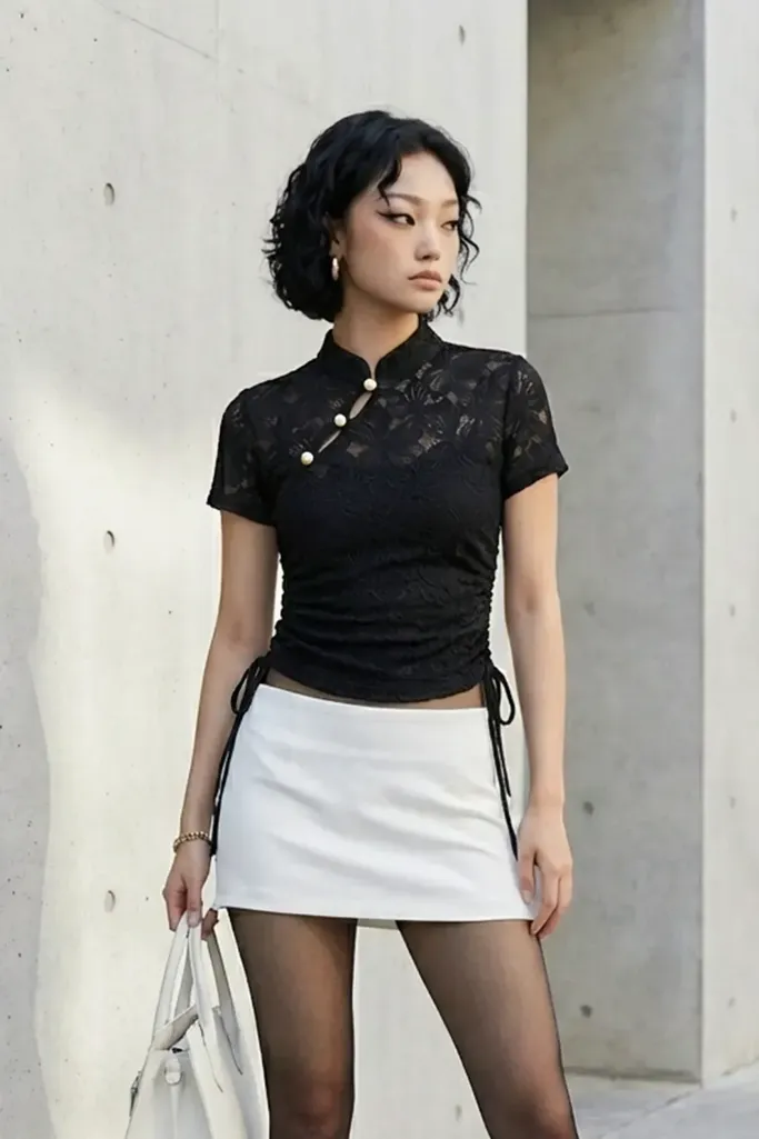 Black Lace Mandarin Collar Top - Image 1