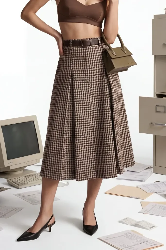 Brown High Rise Houndstooth Midi Skirt - Image 1