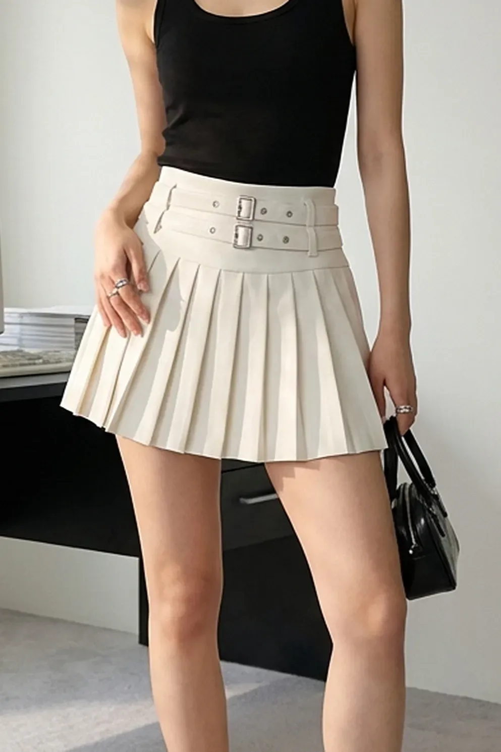 Off White Pleated Mini Skater Skirt
