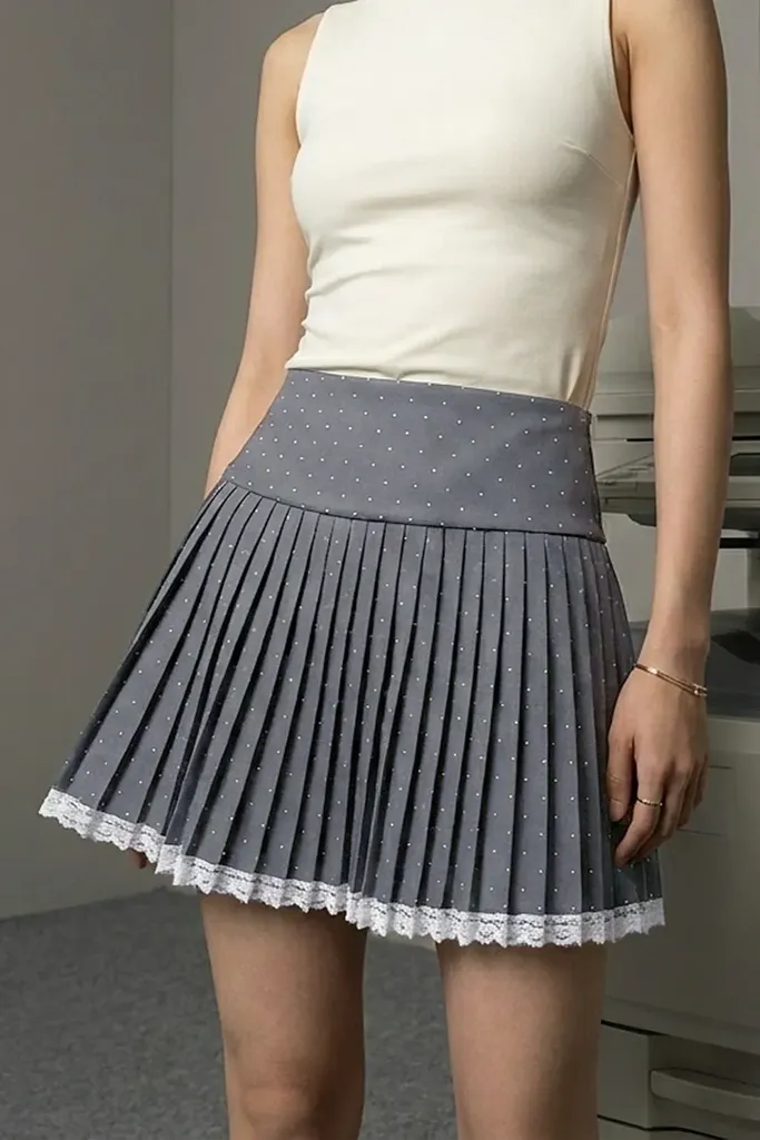 Grey High Rise Pleated Skater Skirt - Image 1