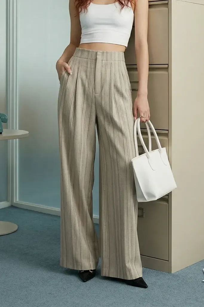 Beige Striped Pleated Wide Leg Pants - Image 1