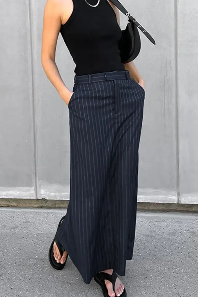 Navy Striped Mid Rise Maxi Skirt - Image 1