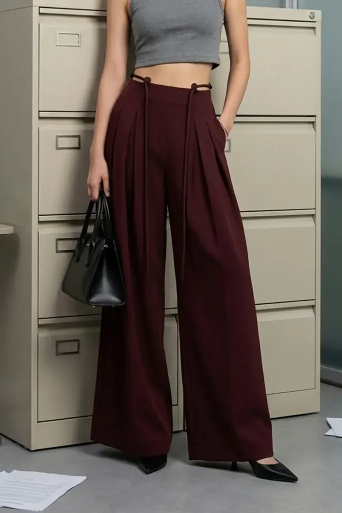 Burgundy High Rise Pleated Pants - Image 1
