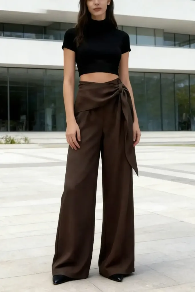 Dark Brown Solid High Rise Wrap Pants - Image 1