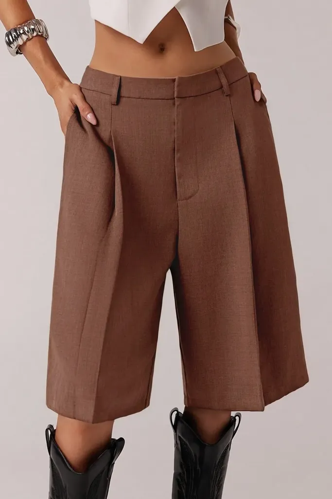 Brown Mid Rise Pleated Shorts - Image 1