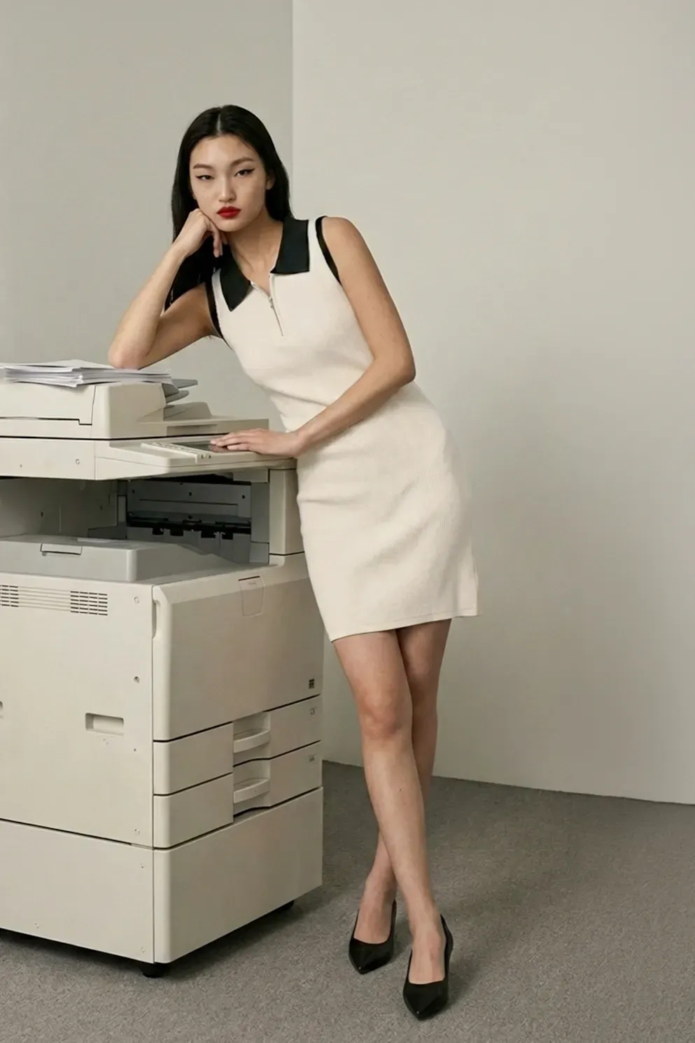 Off White Contrast Collared Mini Dress